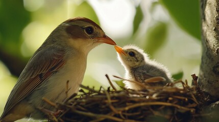Fototapeta premium Mother bird feeding her chick in a nest.