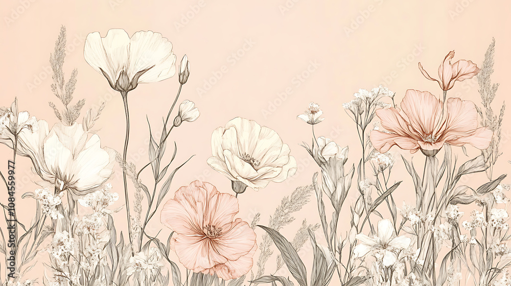 Poster Line art banner template with botanical elements, pastel pink and beige colors, simple design for social media background or web layout design