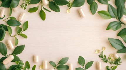 Natural vitamins supplement on white background with green leaves on light wood background, Soft gel capsule