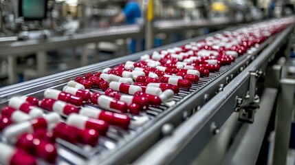 Obraz premium Production line of colorful capsules moving along conveyor belt in pharmaceutical facility