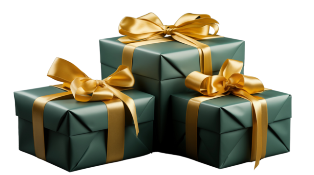 Delightful green boxes with cheerful yellow ribbons, perfect for adding a bright touch to any celebration, isolated on transparent background.