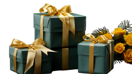 Bright green boxes with sunny yellow ribbons, adding charm to festive events or joyful celebrations, isolated on transparent background.
