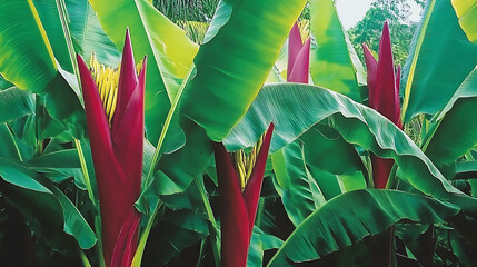 Red Ti Plants and Banana trees in Maui Rainforest, Hawaii