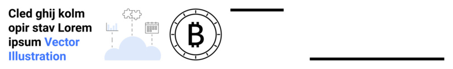 Bitcoin symbol in circle represents cryptocurrency. Cloud with server and data icons depicts cloud computing. Simple text on an off-white background said Lorem ipsum. Ideal for finance, technology