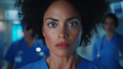 Focused Medical Professional in Scrubs Leading a Team in a Hospital Setting, Concept of Strength, Dedication, and Leadership in Healthcare