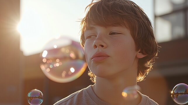 Photo of a teenager happily blowing bubbles outdoors on a sunny day.