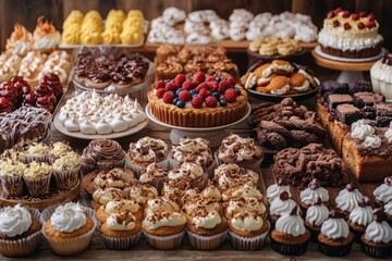 An extensive assortment of desserts displayed on wooden tables at a local bakery during midday