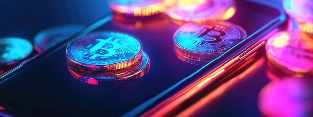 Cryptocurrency concept image - Digital wallet on phone screen, neon colors, modern technology.