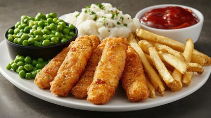 Photo of fried fish, peas and chips, a delicious snack.