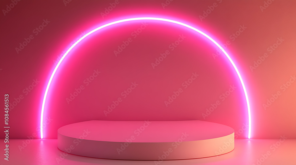 Poster abstract pink neon background with glowing round arch and empty podium for product presentation