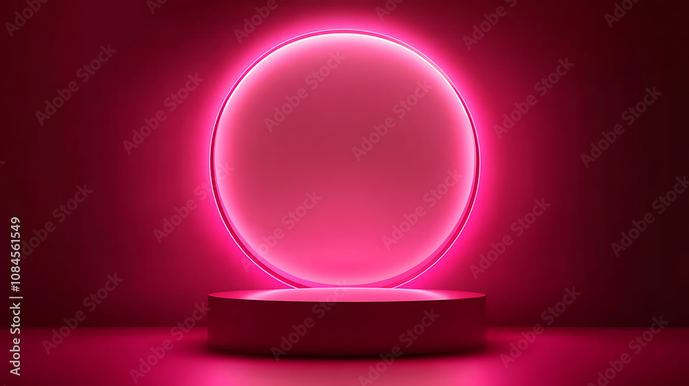 Poster Abstract pink neon background with glowing round arch and empty podium for product presentation