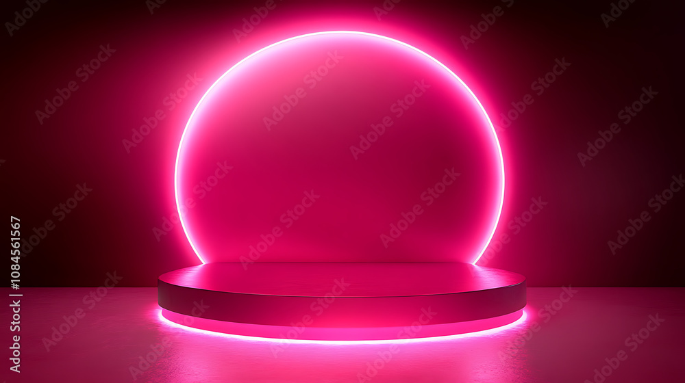 Aufkleber abstract pink neon background with glowing round arch and empty podium for product presentation