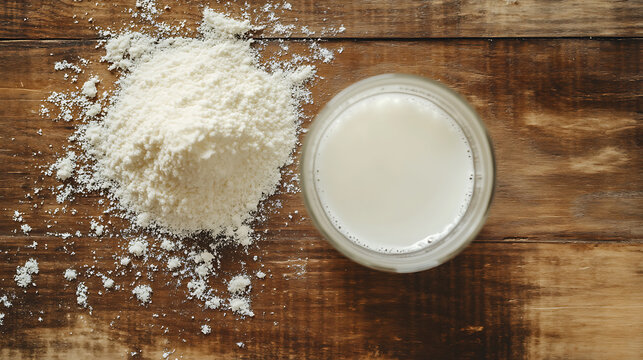 Vegan lactose free milk, Coconut milk in powder and dissolved with water in glass on a wooden background, vertical