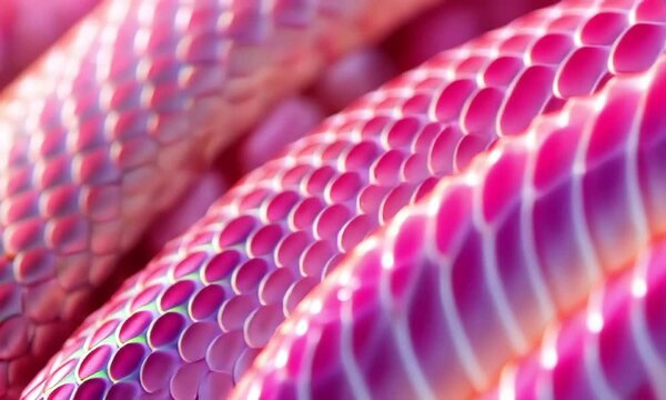 Macro shot of pink snake scales texture video animation, ai generated. Smooth iridescent finish snakeskin animated footage HD clip seamless motion graphics. Reptile scaly serpent abstract concept