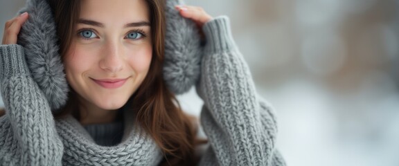 A young woman with striking blue eyes beams with joy as she playfully adjusts her fluffy gray earmuffs against a backdrop of soft, glistening snow. Her cozy, knitted sweater wraps her in warmth