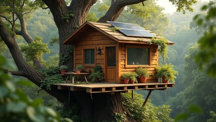 The image shows a small wooden cabin nestled in the middle of a large tree. The cabin has a sloping roof with a solar panel on top, and a small porch with a table and chairs. There are several potted