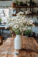 A beautiful arrangement of white flowers in a rustic vase on a wooden table in a cozy interior