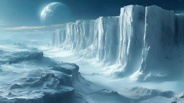 A surreal frozen landscape featuring towering ice formations beneath a giant, fiery sun in the distance against a starry night sky