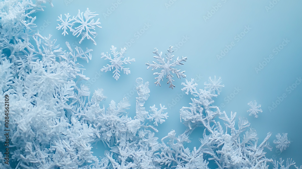 Poster Background with snowflakes, a light blue and white color scheme a minimalist and simple composition against a flat background