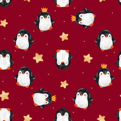 penguin seamless pattern. hand painted winter background. penguins and star