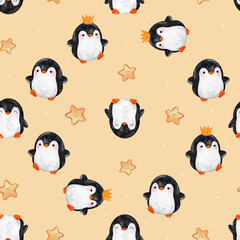penguin seamless pattern. hand painted winter background. penguins and star