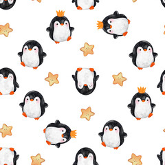 Obraz premium penguin seamless pattern. hand painted winter background. penguins and star
