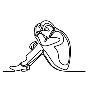 recommend clip art: line drawing of young stressed male worker. young depressed sales manager sitting and holding head. He get sacked.Job dismissal concept