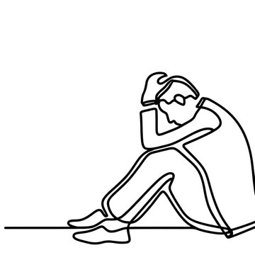 recommend clip art: line drawing of young stressed male worker. young depressed sales manager sitting and holding head. He get sacked.Job dismissal concept