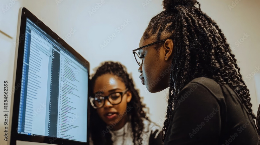 Poster two individuals collaborating on computer programming at a desk.