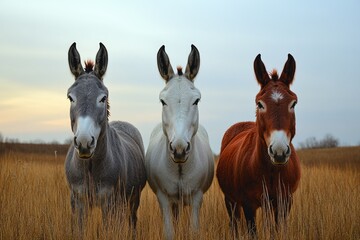 Three Donkeys Standing in a Field of Tall Grass