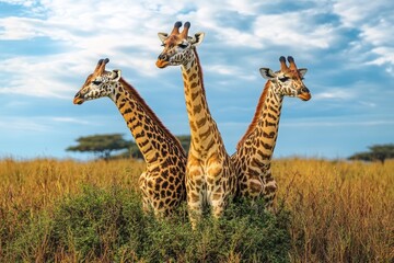 Obraz premium Three Giraffes Standing in Tall Grass with a Blue Sky Background