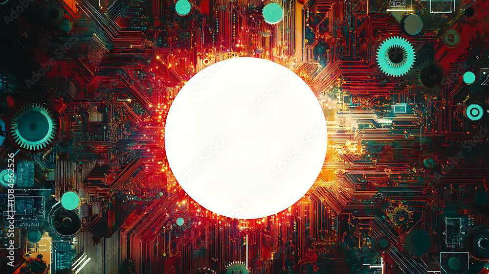 Poster Banner with white circle in center and colorful gears around it, circuit board patterns on background