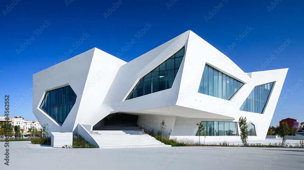 Poster modern architecture, white building with geometric shapes and windows, clear blue sky in the backgro