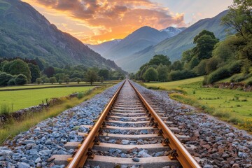 Fototapeta premium Train Tracks Leading Through a Mountain Valley at Sunset
