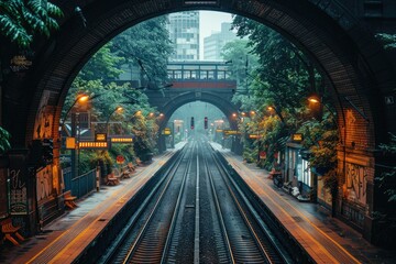 Fototapeta premium Train Tracks Under a Brick Archway in the Rain