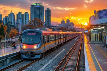 Fototapeta premium Train Arriving at Station During Sunset in a City