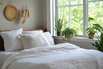 Cozy and inviting bedroom with soft bedding and fresh flowers in a bright setting