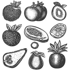 Hand Drawn Engraving Illustration of Various Fruits