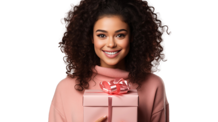 A beaming teen black woman holding a charmingly wrapped gift box, radiating holiday excitement, isolated on transparent background.