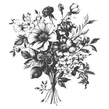 Hand Drawn Bouquet of Black and White Flowers and Leaves