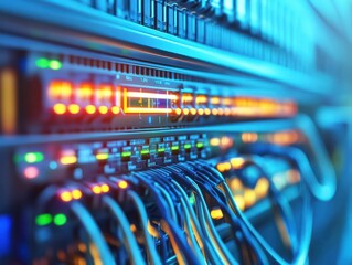 Server racks, electric cables and wires representing fiber optic internet equipment for a data center, technology and network background banner