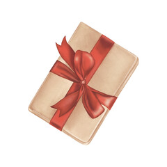 Hand-Painted Watercolor Beige Gift Box with Red Ribbon – Festive Illustration