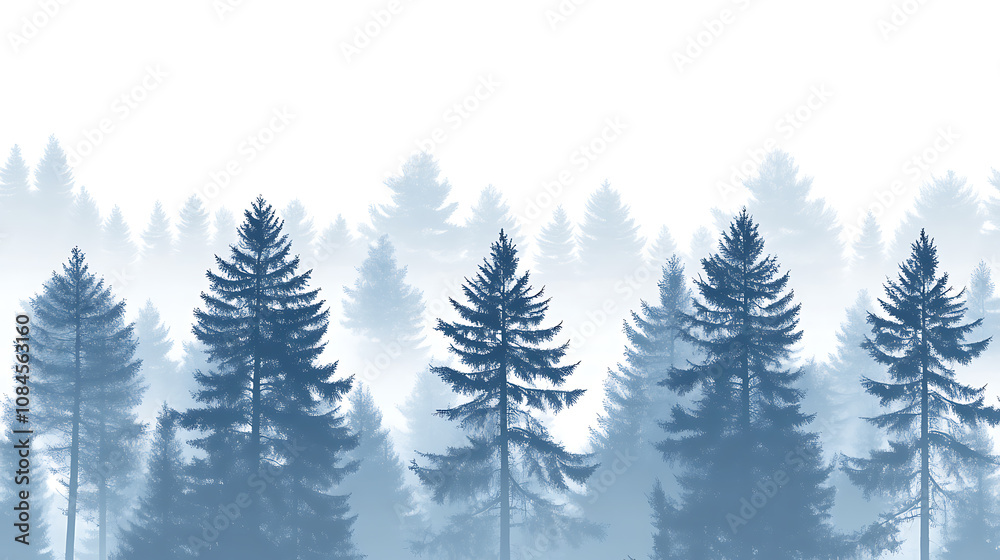 Poster Pattern of a misty pine forest, with each tree in soft shades of blue and grey against a white background The trees form an ethereal border along the edge