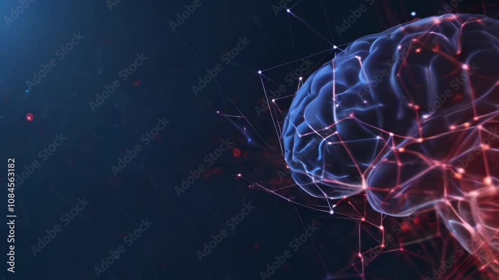Poster Glowing polygonal brain creating digital connections with artificial intelligence processing data on dark blue background