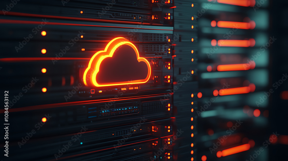 Aufkleber Render of cloud computing with glowing orange color on dark background in a modern server room interior Cloud technology concept