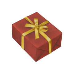 Hand-Painted Watercolor Red Gift Box with Golden Ribbon – Festive Illustration