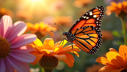 Fototapeta premium Macro image of Monarch butterfly on a flower, highlighting ecological balance and nature's beauty
