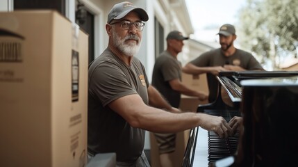 Team of movers transporting a grand piano while surrounded by cardboard boxes