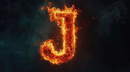 Letter J photo with flames on a dark background, suitable for bold and creative prints.