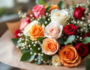 A beautiful bouquet of roses in various colors arranged elegantly with delicate greenery, showcasing natural textures and vibrant hues